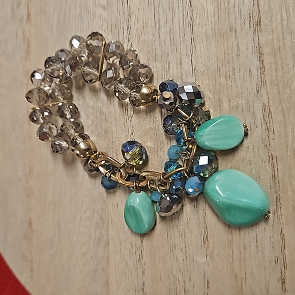 2 pc. turquoise colored stones gems smoked gray crystals bracelets arm candy EUC - Picture 5 of 8